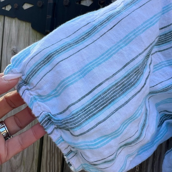 TALBOTS White and Turquiose Striped 100% Linen Blouse Top Women’s Medium Petite - Picture 7 of 11
